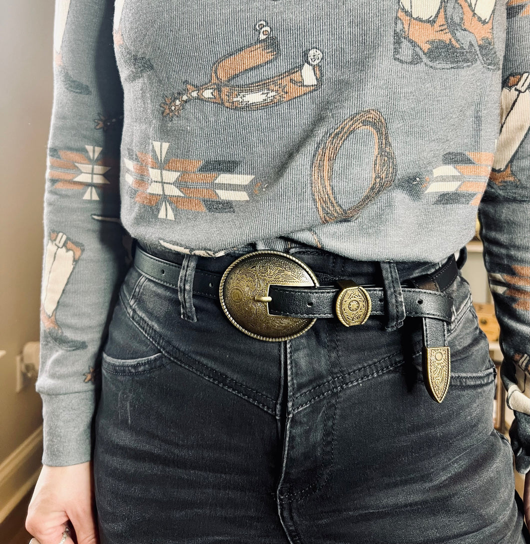 The Oakley Black Western Belt {Gold Buckle}