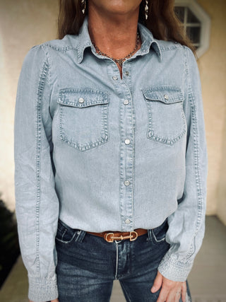 Pearland Denim Pearl Snap Top