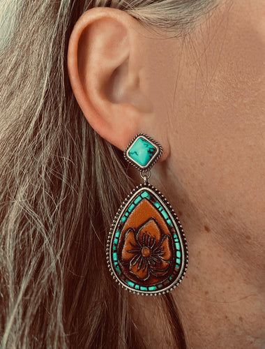 Turquoise Leather Flower Earrings