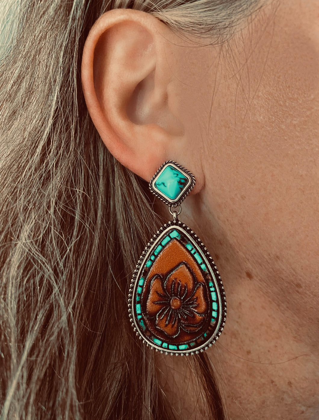 Turquoise Leather Flower Earrings