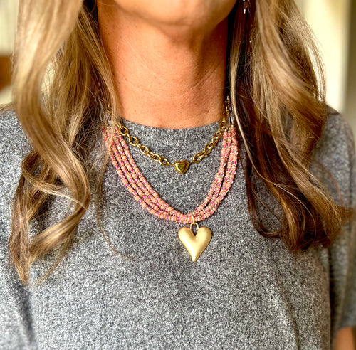 Sutton Pendant Beaded Layered Necklace {Pink}
