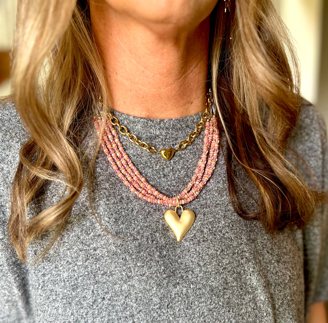 Sutton Pendant Beaded Layered Necklace {Pink}