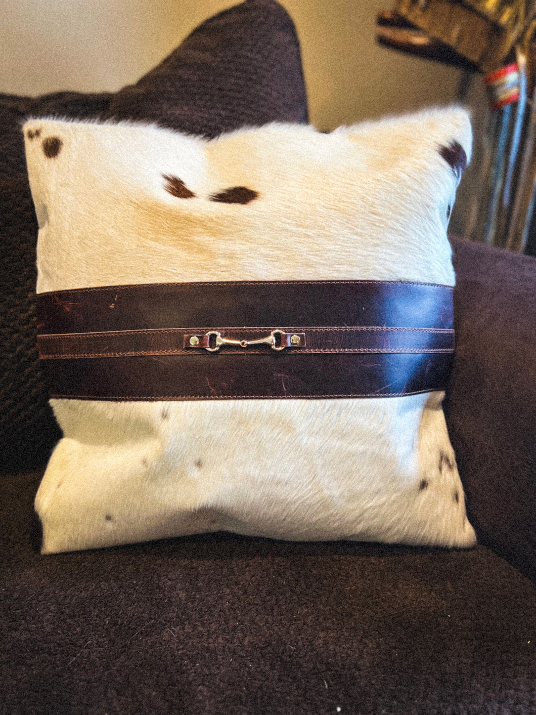 Snaffle Bit Cowhide Leather Pillow Cover #2