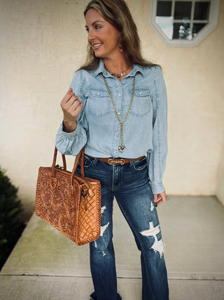 Pearland Denim Pearl Snap Top