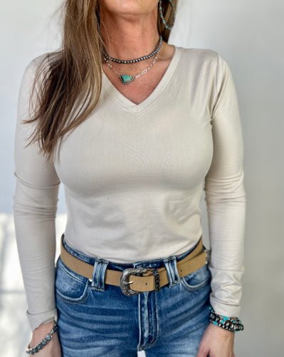 Everyday Long Sleeve V-Neck {Beige}